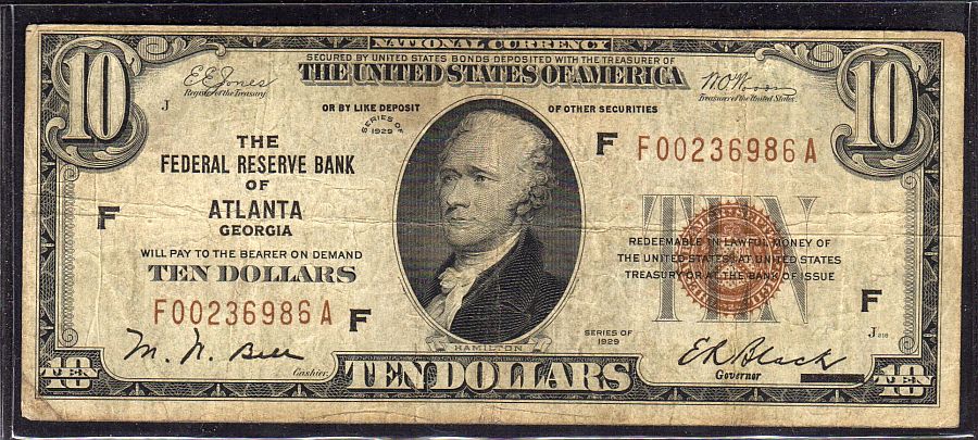 Fr.1860-F, 1929 $10 Atlanta FRBN, F00236986A